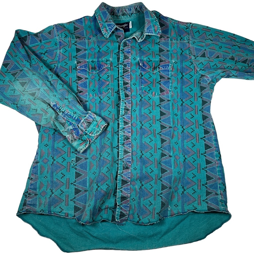 Wrangler Turquoise Brushpopper Button-Up‎ western long sleeve vintage 90s Aztec